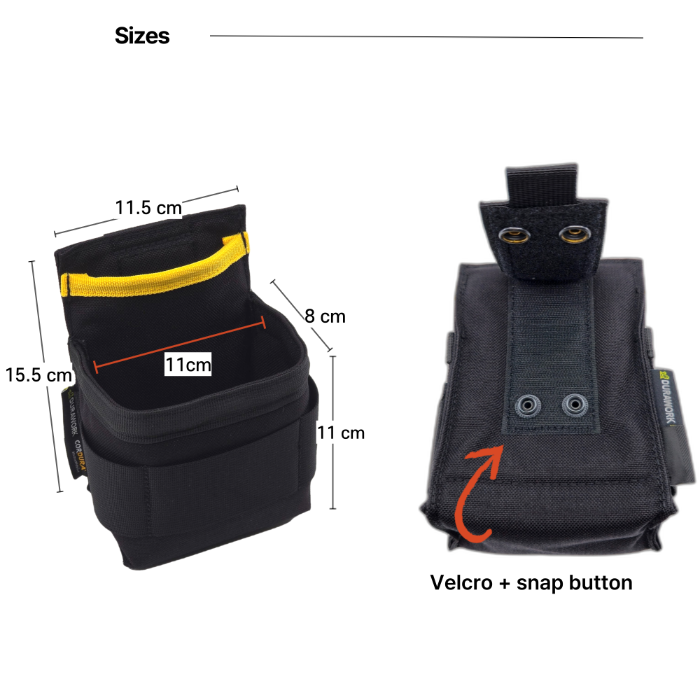 DURAWORK 204 Tape Measure Pouch in Black 1000D Cordura, holding a tape measure and pliers in its multi-use compartments.