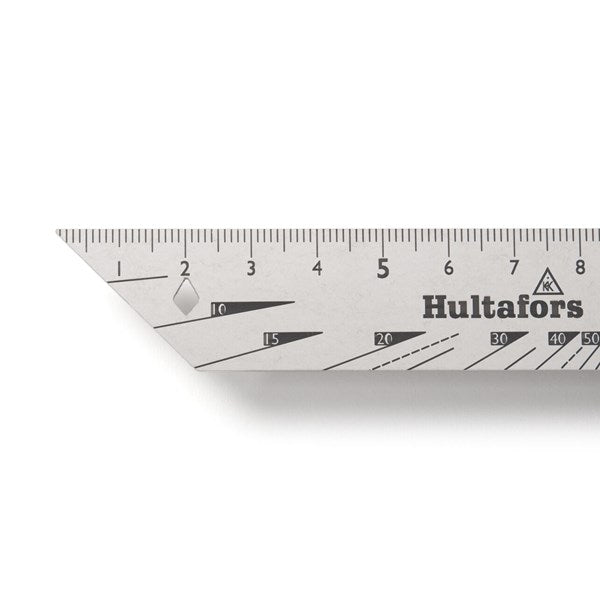 Demonstrating the multi-function blade ends of the Hultafors Sliding Bevel, with marking notch and flat edge for depth measurement.