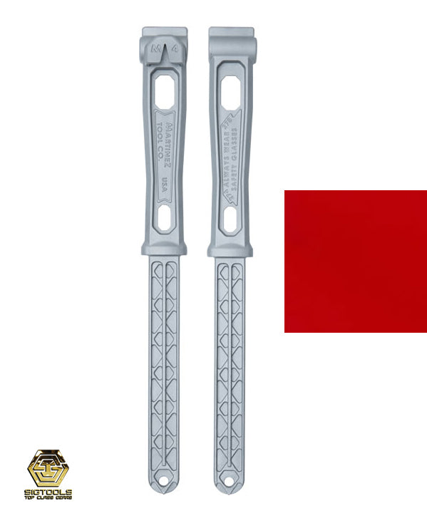 Two sides of the titanium Martinez M4 replacement handle , showcase of the Red coat