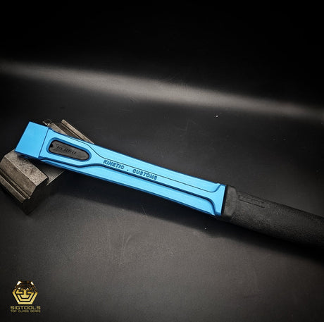 "Blue KC handle with black handle" provides a description of an image featuring a Kinetic Customs handle in blue with a black handle.