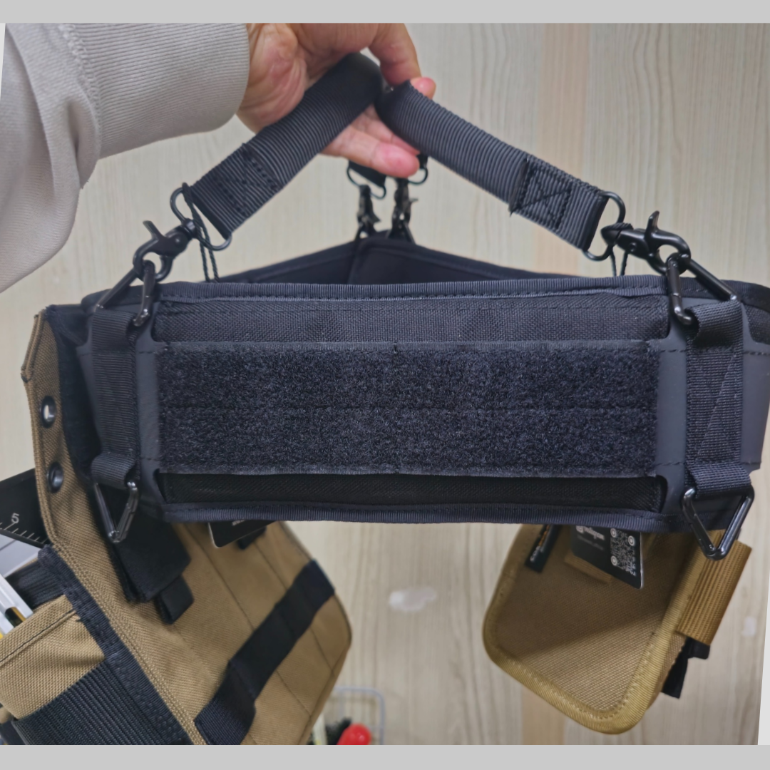 A DURAWORK tool belt with two Dura 505 handles attached, showing a balanced, 'briefcase-style' carry