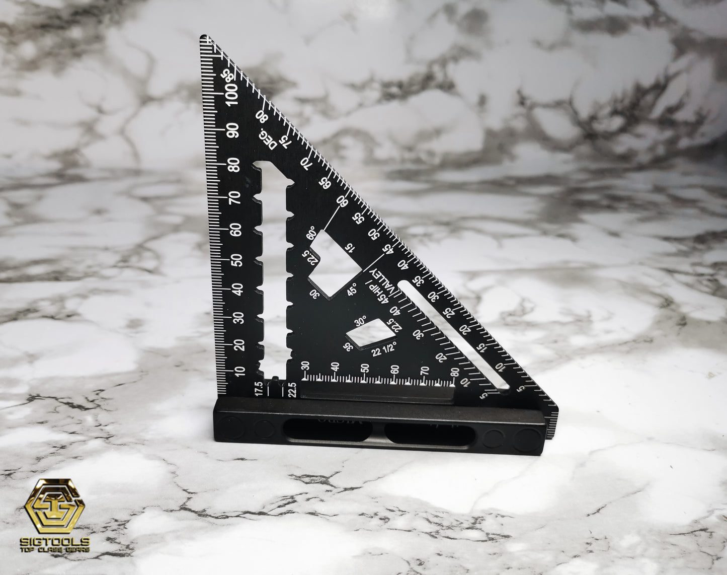 Photograph of the Martinez Micro Square on marble background – Metric Version, showcasing its compact design and precision engineering for metric measurements.