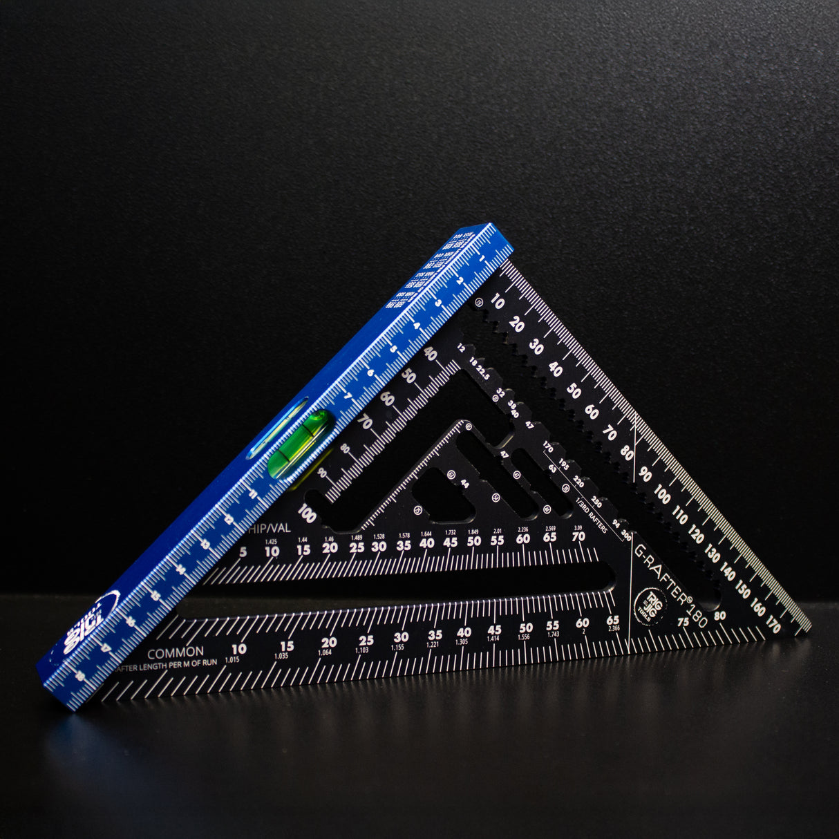 TrigJig Grafter 180 Rafter Square, a British-engineered, CNC-milled tool with integrated bubble level.