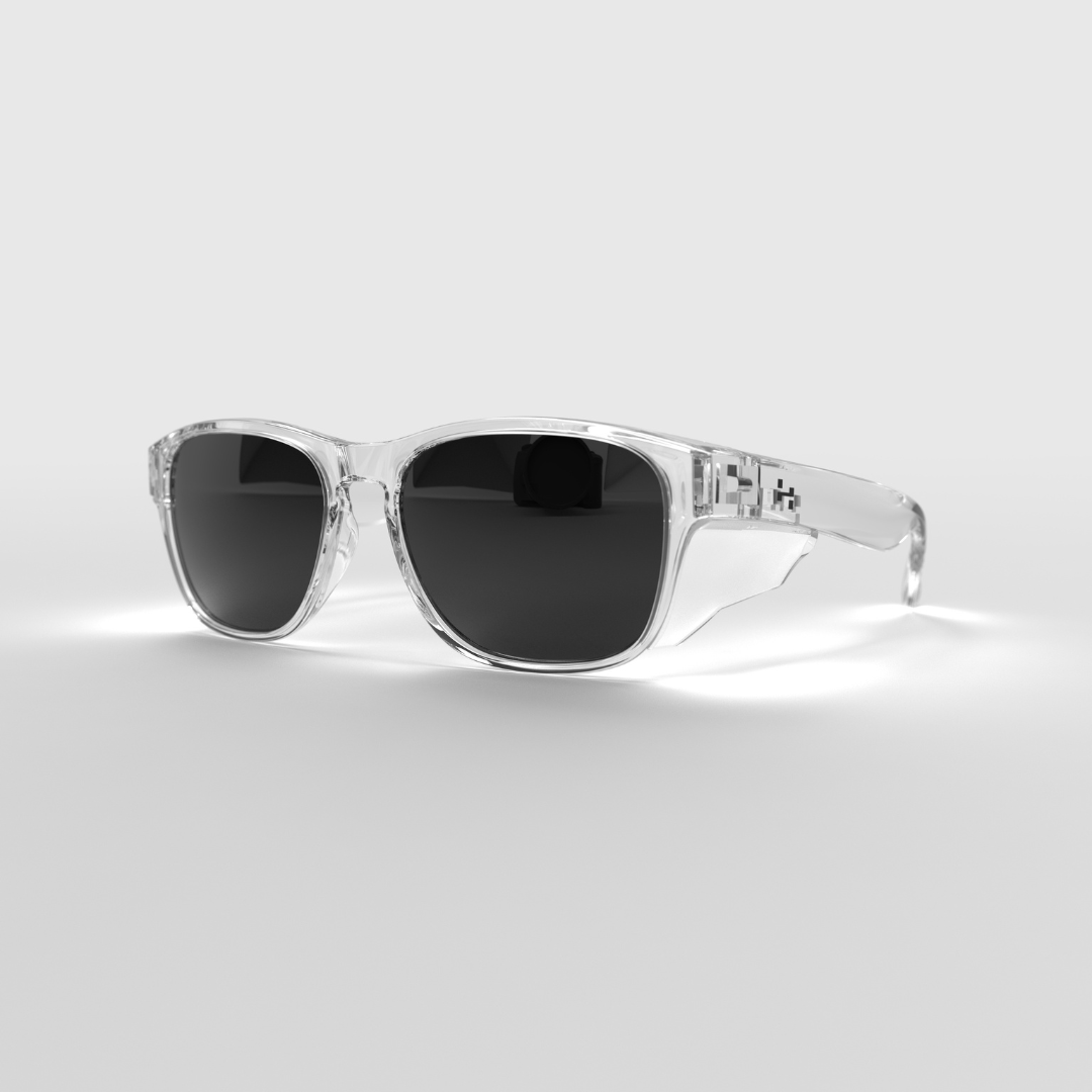 Hyspecs Serie ICON transparente con lente polarizada gris y protectores laterales