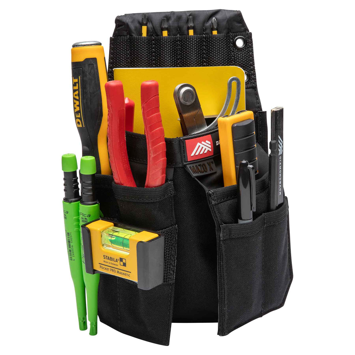 Lightweight tool pouch with tool slots, D-ring, and tapered tool holders