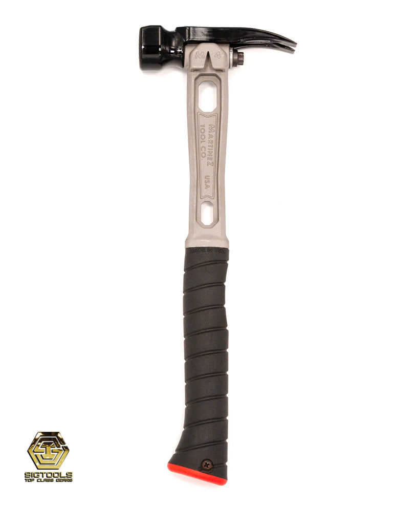 A left look of the 12-ounce hammer featuring a dimpled steel head finish and a titanium beige-colored handle, offering both durability and style in a versatile hammer tool