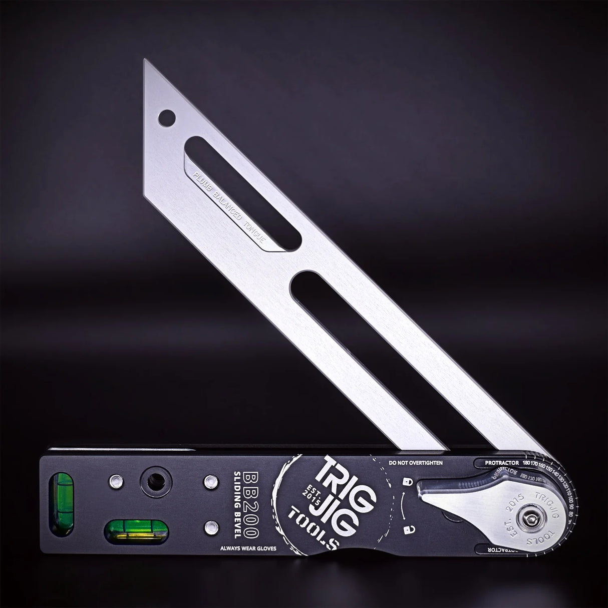 The robust custom-designed stainless steel and brass pivot mechanism of the TrigJig BB200 professional sliding bevel.