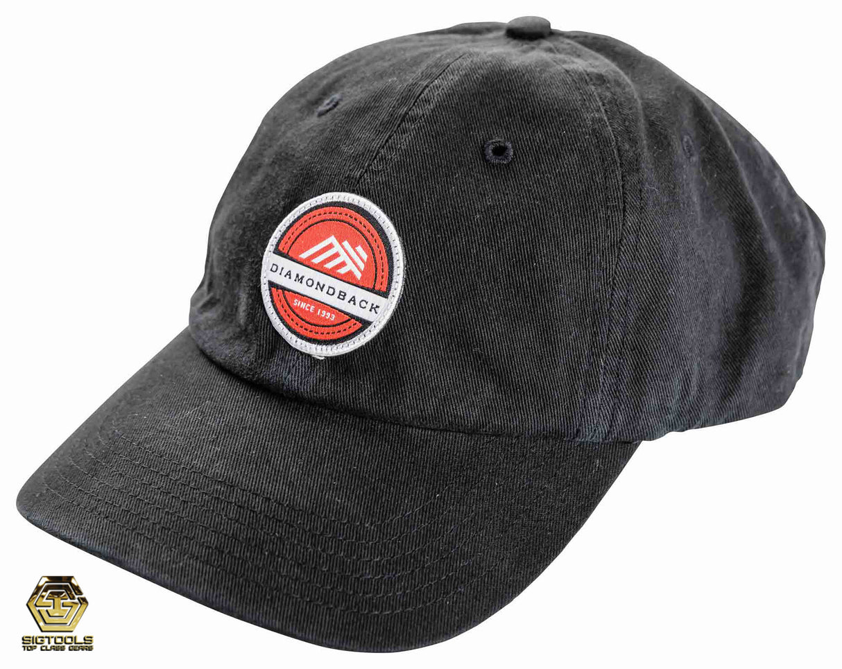 A front view of a Diamondback dad hat with a red logo, a stylish accessory for fans of the brand.
