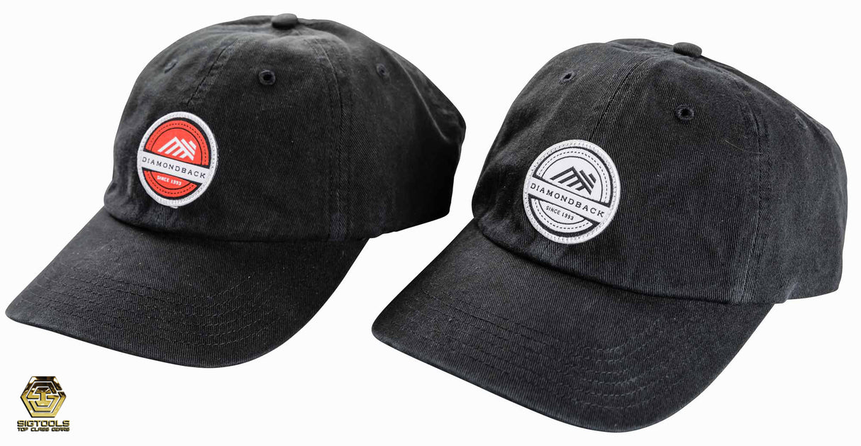 A front view of Diamondback dad hats with a red and black logos, a stylish accessory for fans of the brand.