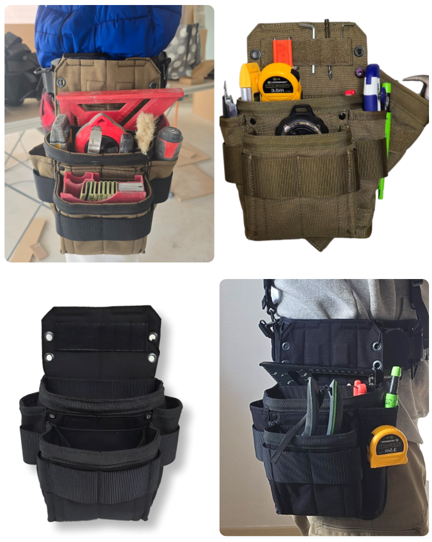 The Dukan Pouch shown holding both a 7-inch and 4-inch rafter square in its dedicated side pockets.