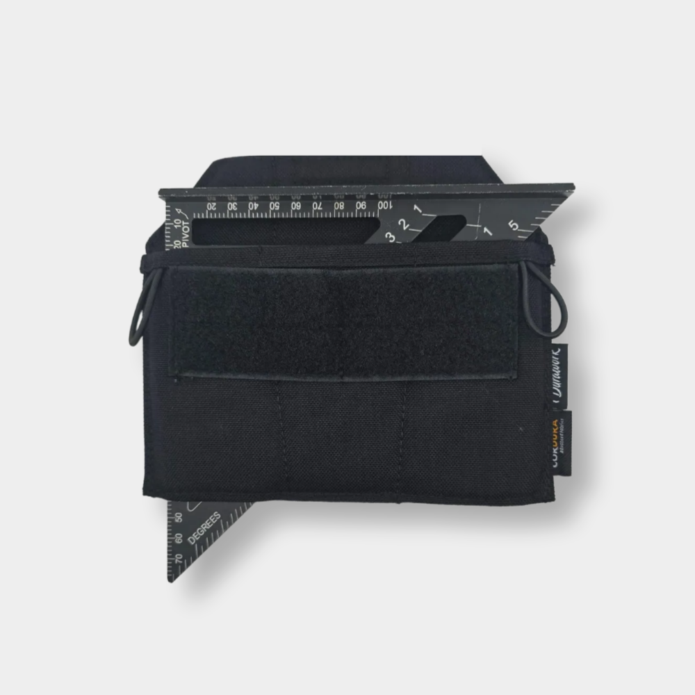 A 7-inch rafter square (speed square) fitting perfectly into the DURAWORK Dura 302 holster.