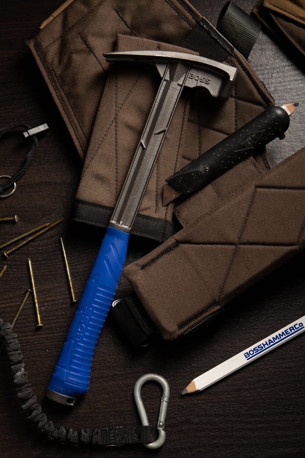 The Boss Hammer Blue Collar Steel Framing Hammer, a 14 oz head, 16-inch tool made from 4140 steel in the USA.