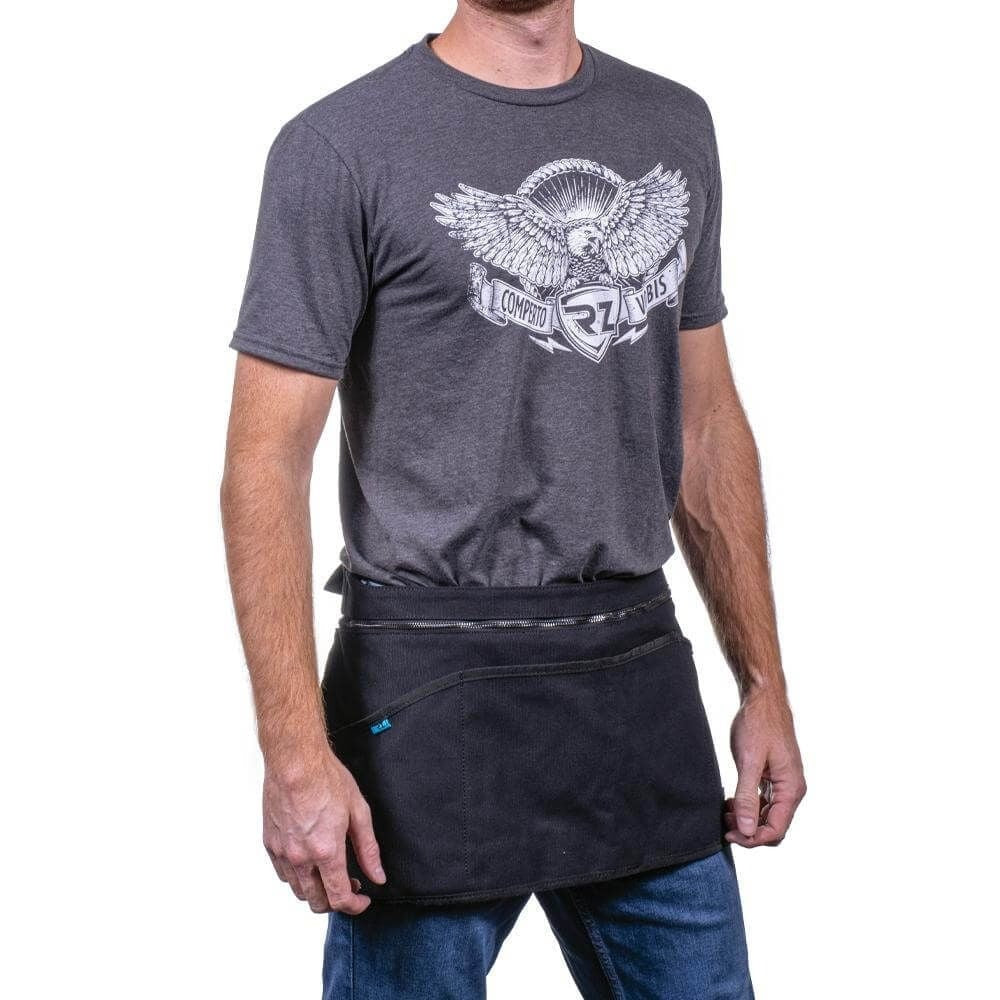 Demonstrating the versatile 3-way convertible design of the RZ 3-in-1 Apron, worn here as a short workshop apron.