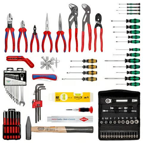 A layout of the German-made tools included in the KNIPEX 90-piece apprentice kit, including Wera screwdrivers and a Picard hammer.