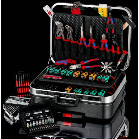 A selection of the 90 included tools from the KNIPEX Mechanic Case, featuring premium brands like KNIPEX, Wera, Picard, and Stabila.