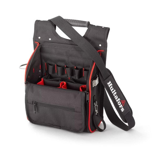 The Hultafors Electricians Tool Pouch (590180), showing its 21 pockets and high-visibility red and black interior.
