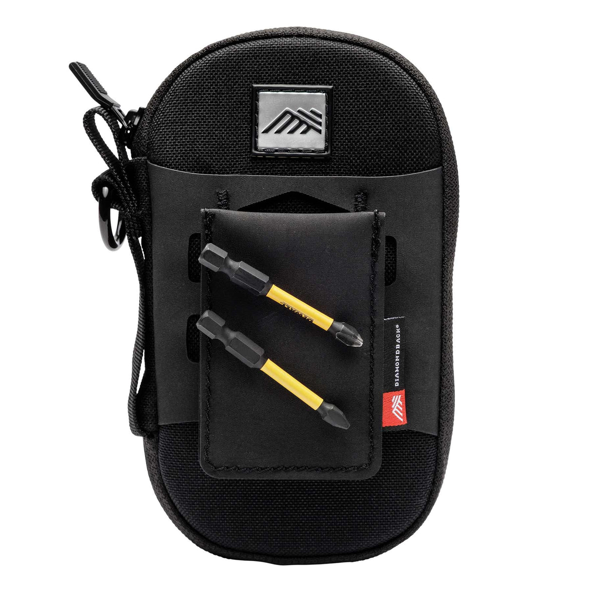 The versatile attachment options on the back of the Diamondback Bit Case X, showing the steel clip, D-ring, and webbing loop.