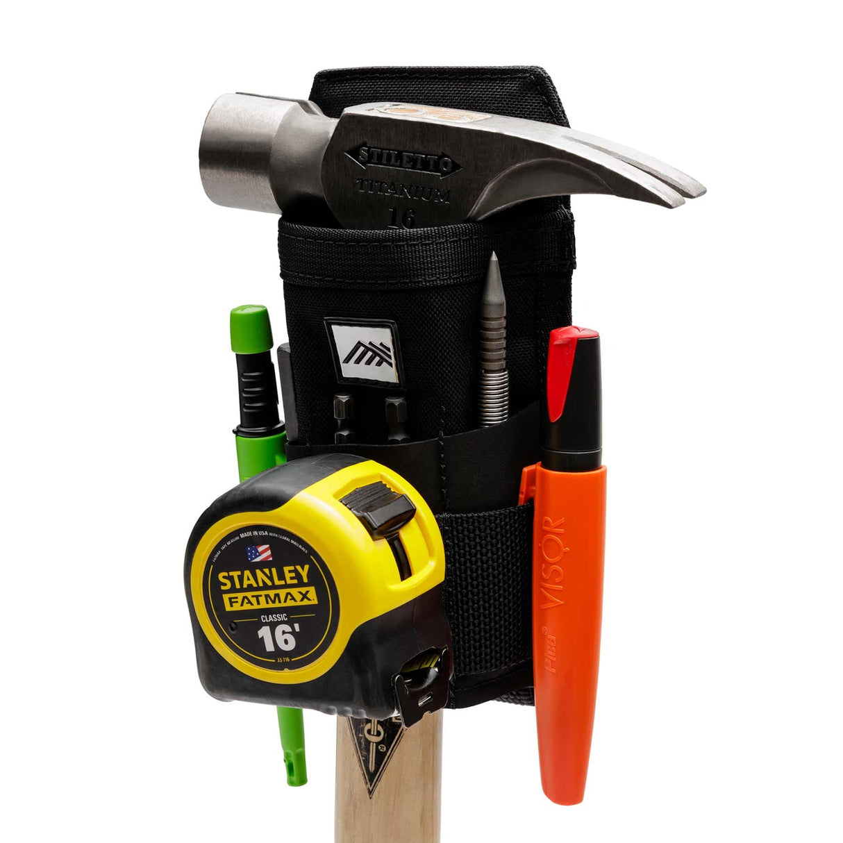 A close-up of the three pencil and bit slots and the stiff webbing strip on the front of the Diamondback Wingman X