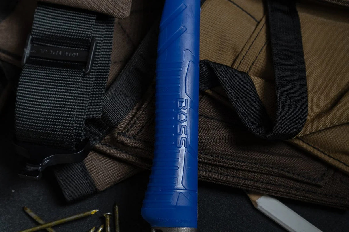 The over-molded NOSHOCK GRIPLOCK handle of the Boss Hammer Blue Collar, designed for comfort and shock absorption.