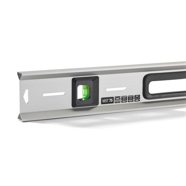 A close-up of a crush-proof block vial on the Hultafors MST level, with its +30% magnification lens and luminescent reflector.