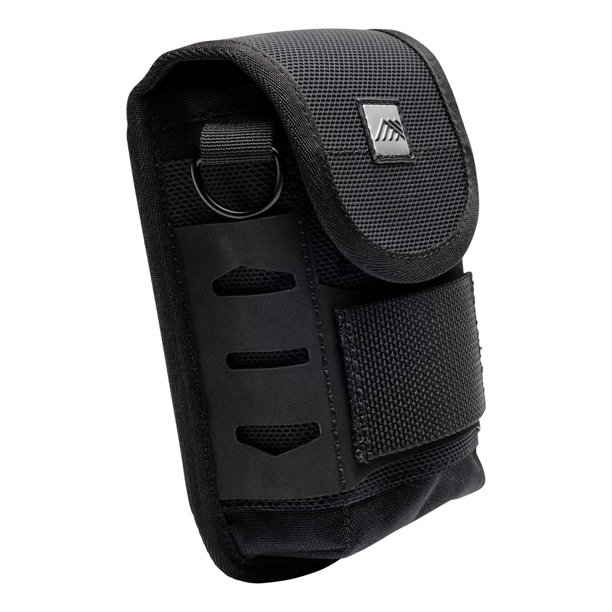 A close-up of the outer tool slots and the stiff webbing clip on the Diamondback EDC X, holding a tape measure.