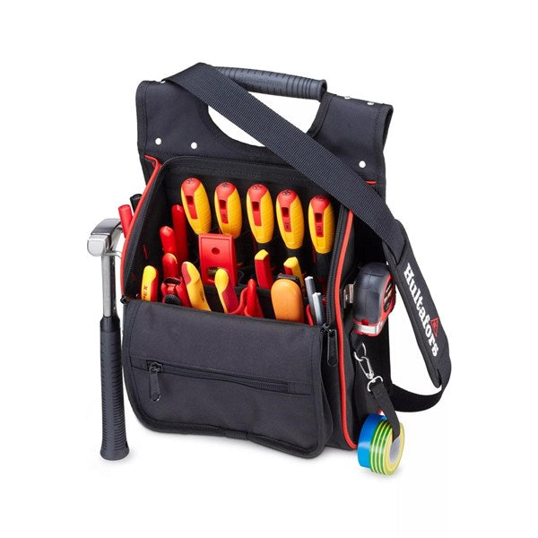 The external features of the Hultafors pouch, including the tape measure clip, tape strap, and hammer holder.