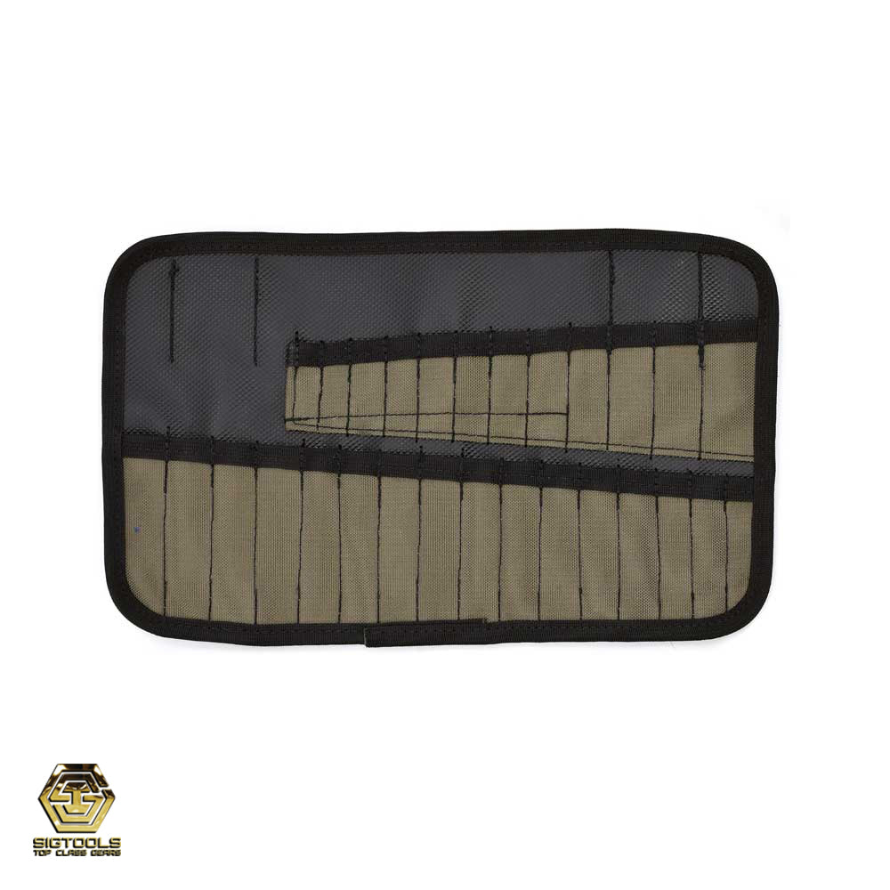 front view of a compact black and green tool organiser with pockets for storing and easily identifying drill bits and other small tools