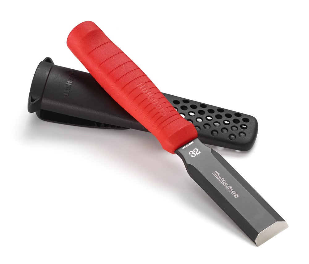 Image of a 32mm EDC Chisel by Hultafors Group, crafted from carbon steel, featuring a vibrant red grip and a black sheath to protect the sharp blade.