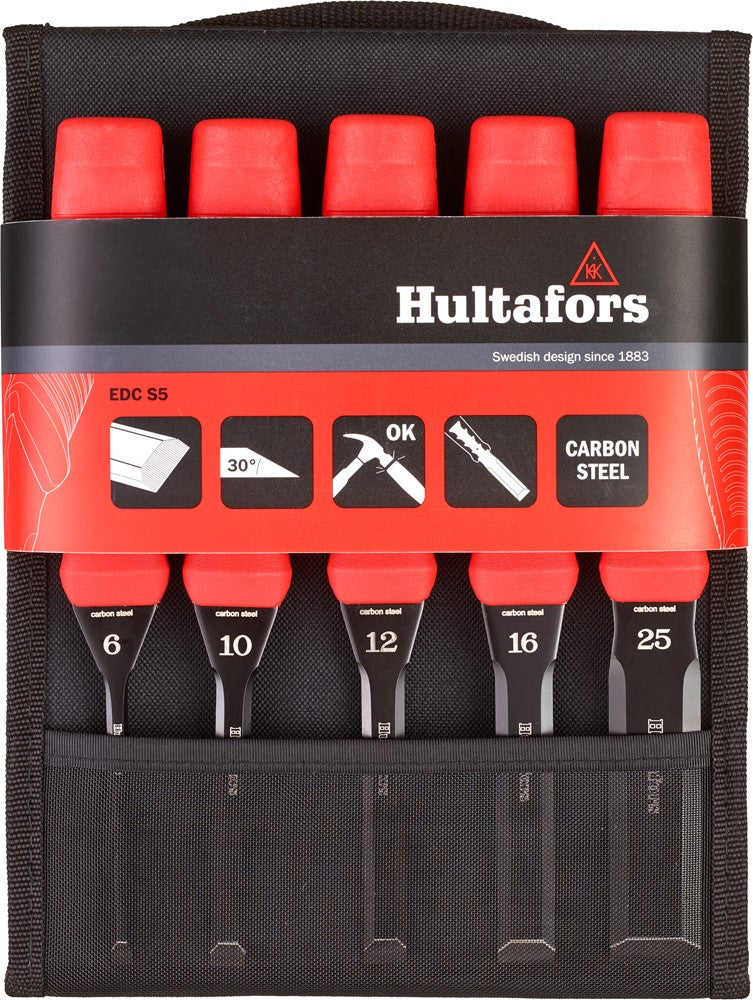 Five-piece set of carbon steel chisels from Hultafors in the black sheath, featuring vibrant red grips and sharp blades in various sizes for versatile applications.