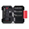 The complete Vessel 220USB-25EB Mini Cordless Electric Screwdriver Set, including the screwdriver, 25 bits, and carry case.