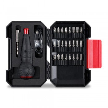 The complete Vessel 220USB-25EB Mini Cordless Electric Screwdriver Set, including the screwdriver, 25 bits, and carry case.