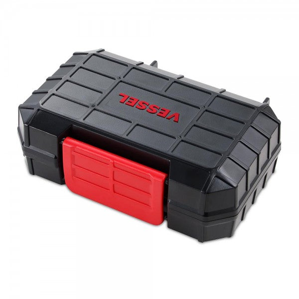 The Vessel 220USB cordless screwdriver being charged with the included USB cable from a power bank.