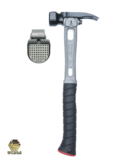 A 12-ounce hammer with a dimpled steel head finish and a titanium-colored handle, combining durability and style in a hammer tool.