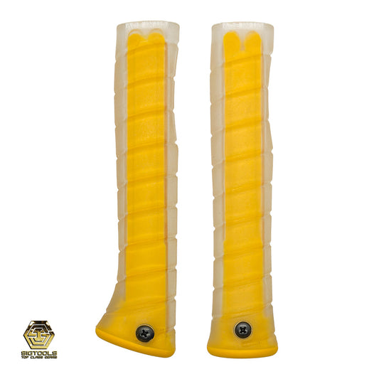 A Martinez hammer handle featuring both a curved and straight grip, with a clear overlay and a yellow insert, designed for comfortable and secure handling.