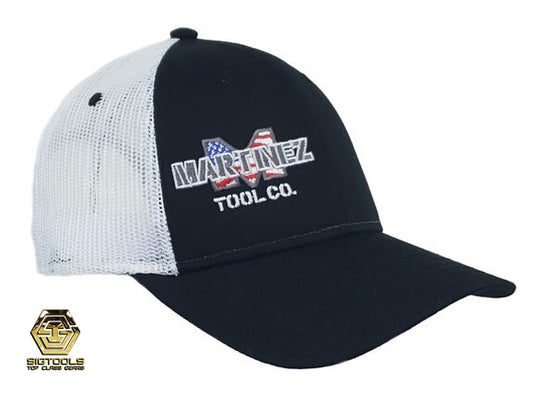 MTC Black/White Flex Fit Mesh Hat with Martinez tool. logo 