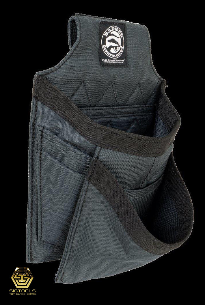 Side view of pockets on Gunmetal grey-coloured Trimmer Fastener bag, designed for convenient and organised storage of trimmer tools.