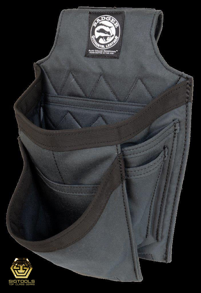 Side view of pockets on Gunmetal grey-coloured Trimmer Fastener bag, designed for convenient and organised storage of trimmer tools.