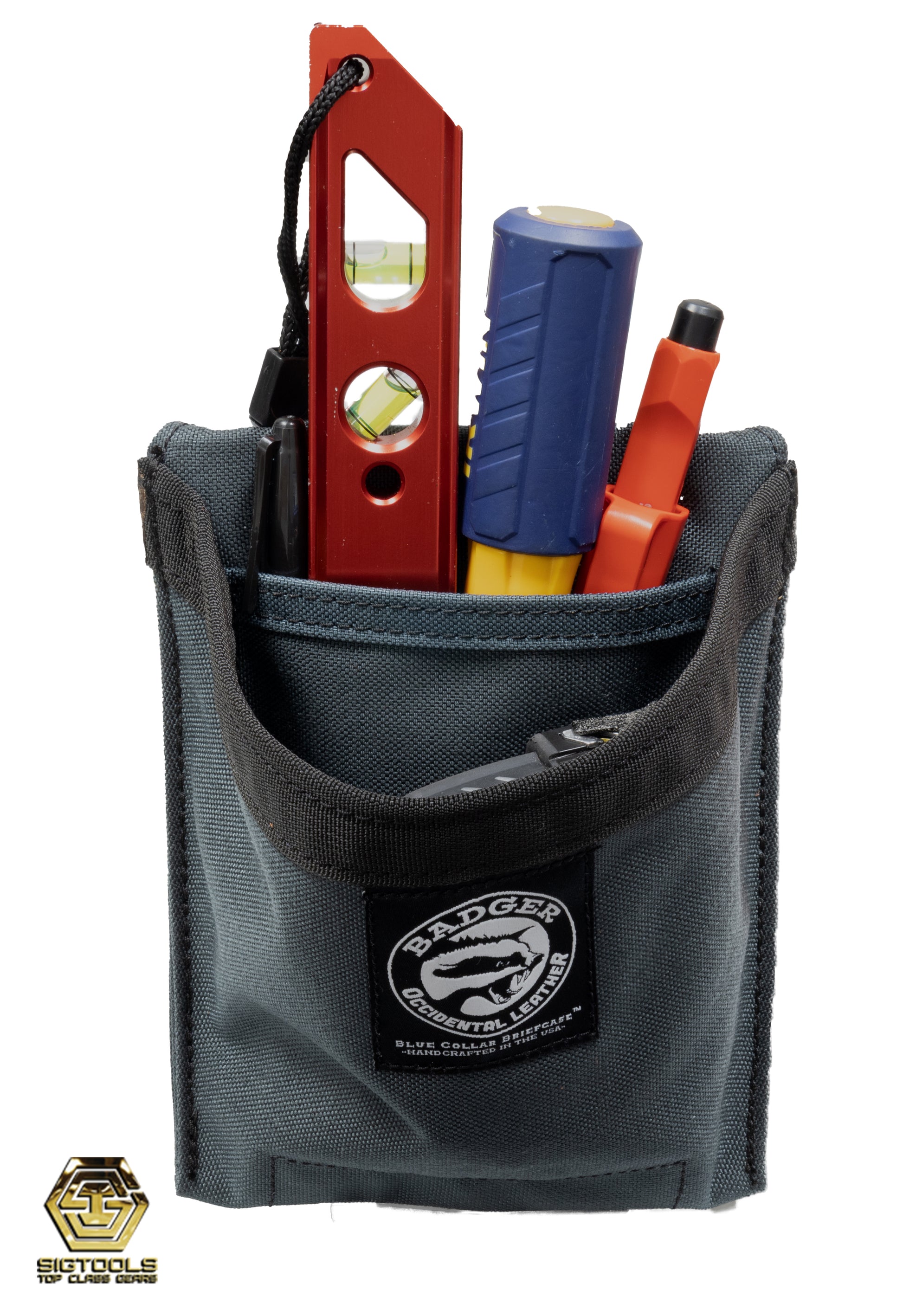 A Gunmetal Grey tool pouch from Badger, filled with tools and accessories, ready for efficient and organized use.