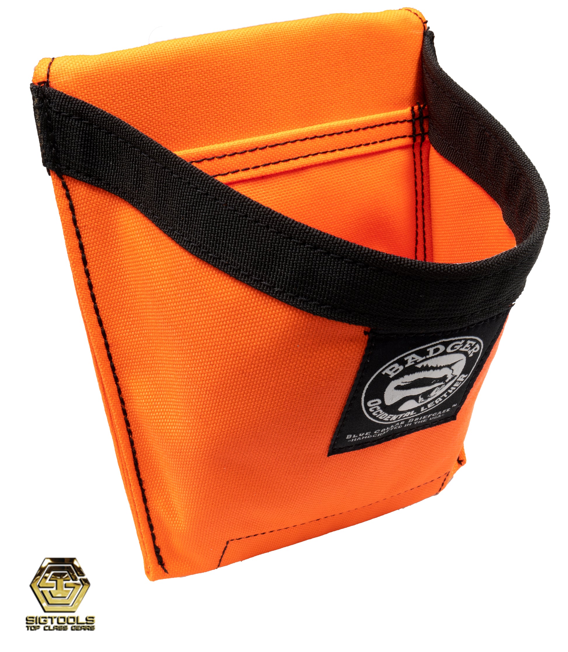 A Side view of the high-visibility Tool Pouch from Badger, a practical accessory designed for carrying and organizing tools.