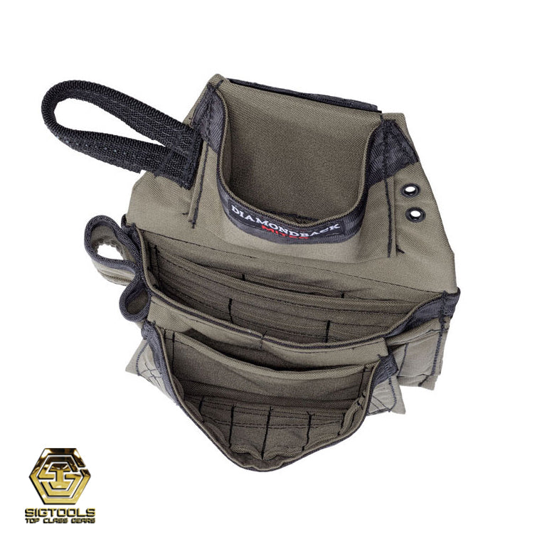 "Diamondback Miter Pouch in Ranger Green from top view showing inside of the pockets - Right Hand Configuration"