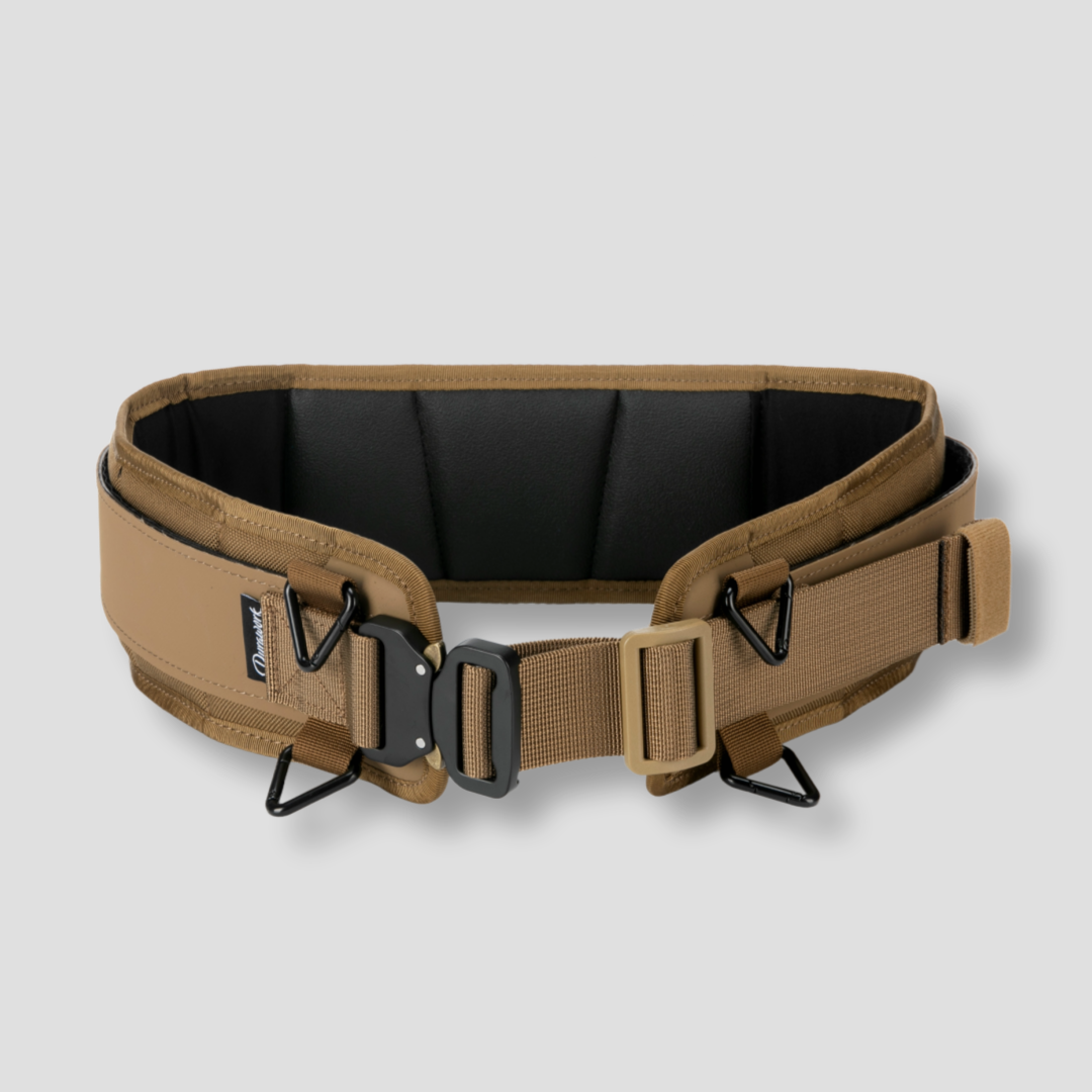 The Brown (Coyote/Sand) version of the DURAWORK Dura Belt, highlighting its ergonomic curved shape.