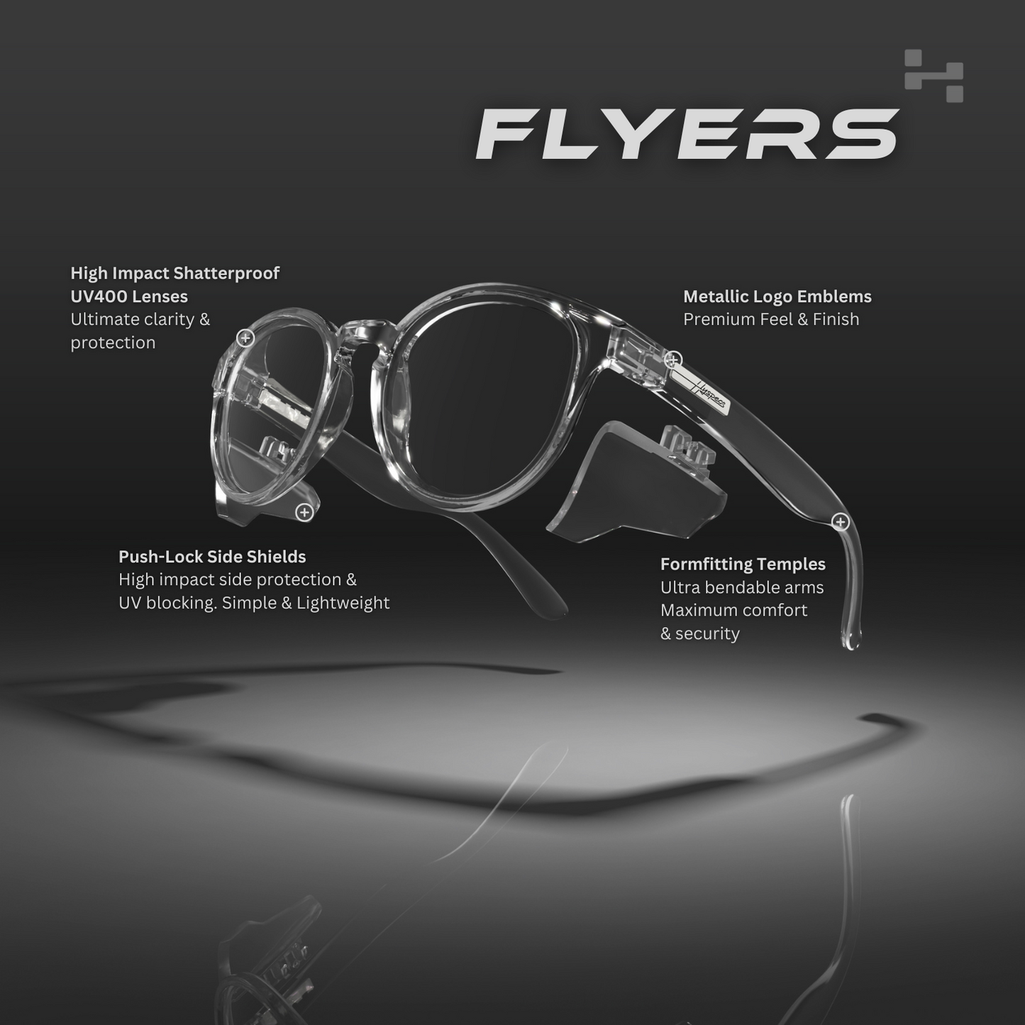 Hyspecs [NUEVO] Serie Flyers con lentes UV400 transparentes y protectores laterales
