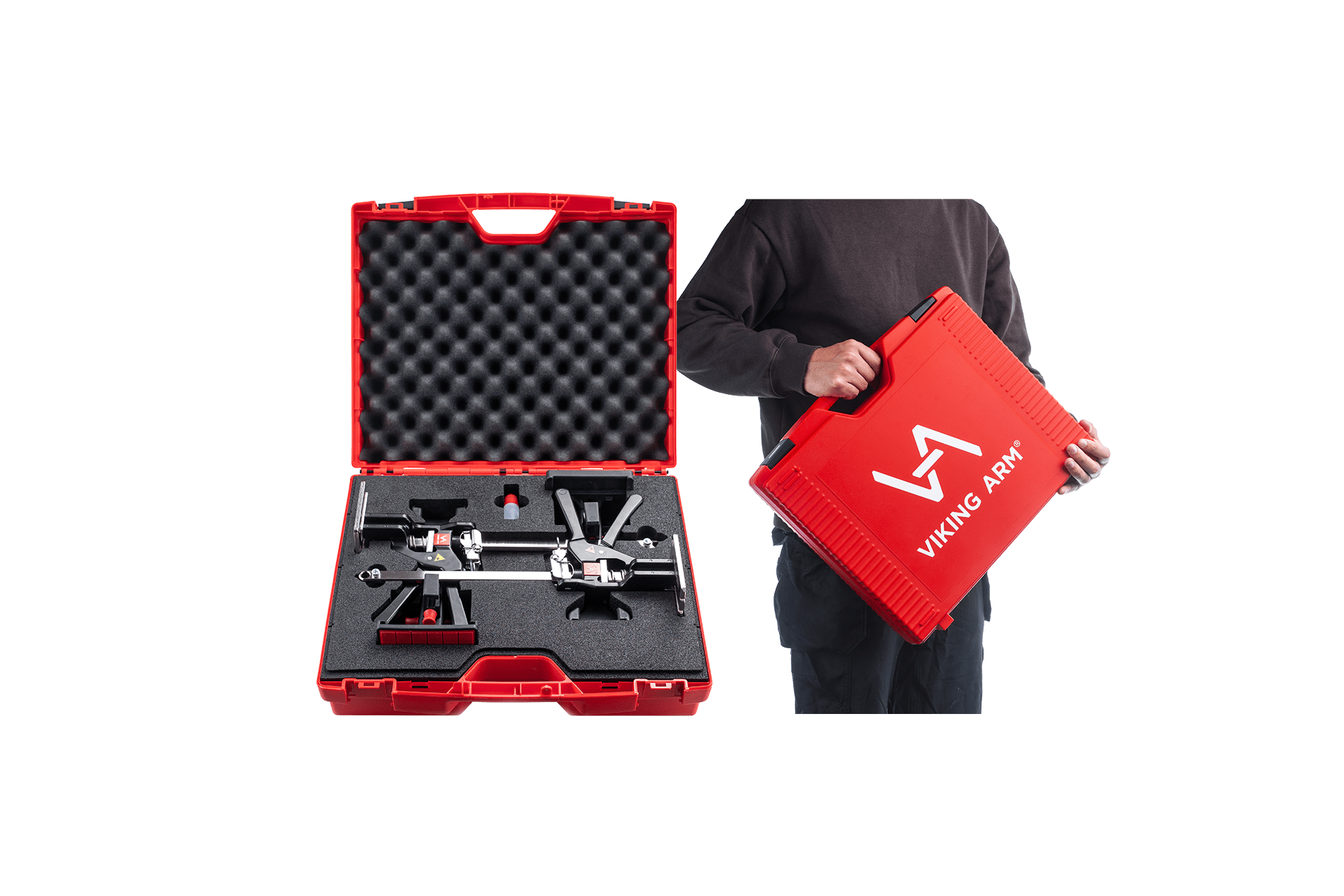 Comprehensive Cabinet Installation System featuring 2 Viking Arms, 2 Cabinet Installation Kits with extenders for up to 60.5 cm/23.8 inches, Base Pads, and Lifting Pads. The kit is housed in a robust tool case (W437 mm x H379 mm x D160 mm) with hard-cut quality foam inserts and softer protective foam in the lid, weighing 6.1 kg/13.5 lb with tools.