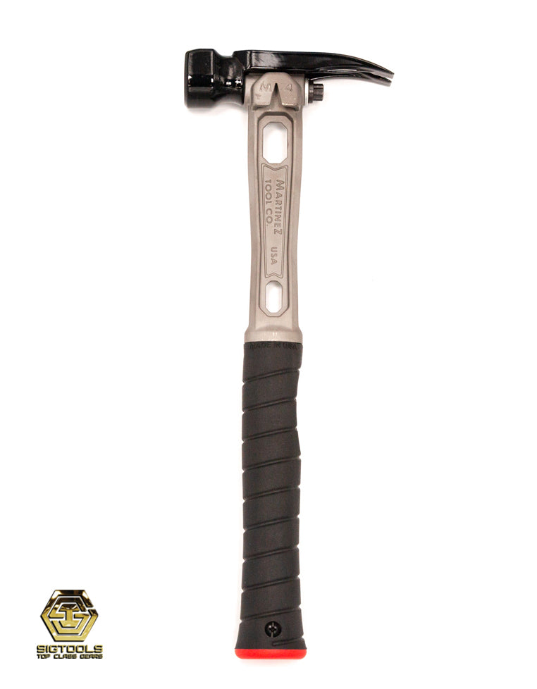 A side view of a hammer with a straight handle, showcasing its textured, dimpled steel head and beige titanium-colored finish.