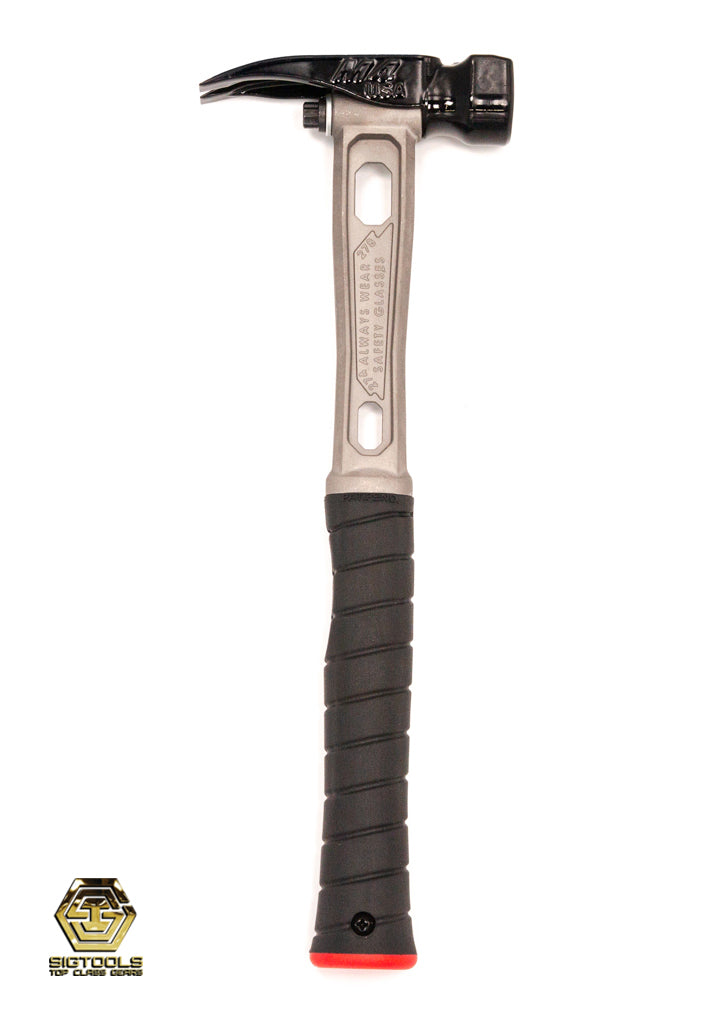 A side view of a hammer with a straight handle, showcasing its textured, dimpled steel head and beige titanium-colored finish.