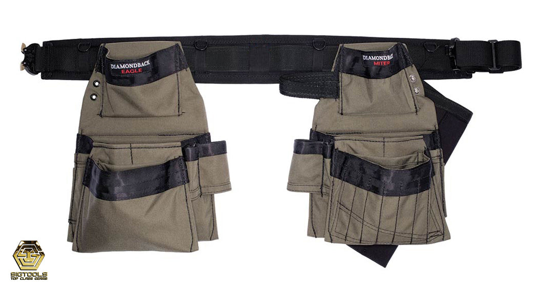 "Diamondback Artisan Tool Belt Configuration in Black with Miter Pouch and Eagle Pouch - Green Accents"