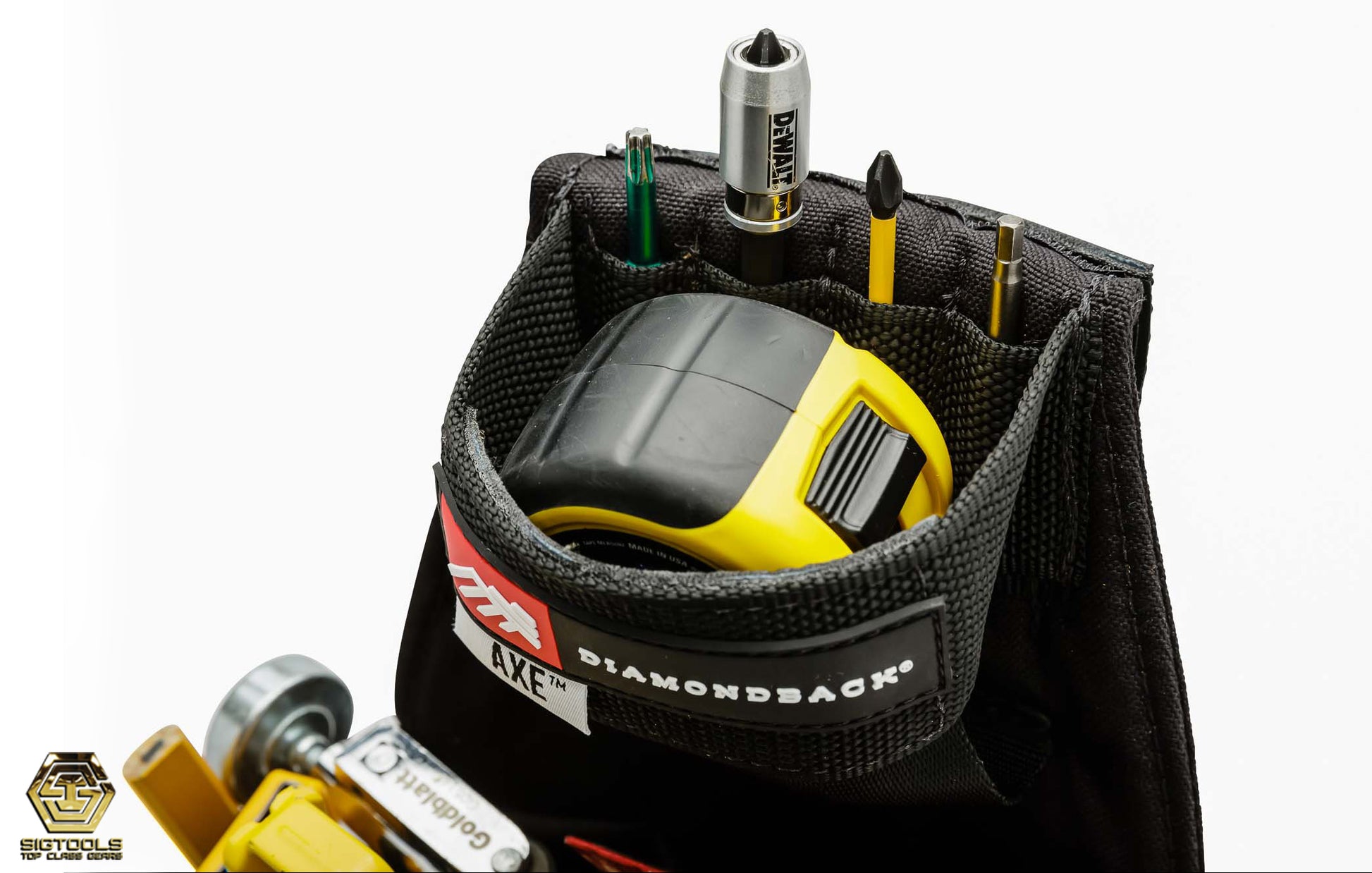 "Diamondback Axe Tool Pouch in Black - Loaded with measuring tape and bits - Left Side - Top View"