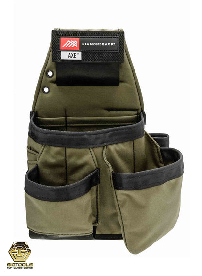 "Diamondback Axe Tool Pouch in Green - Left Hand Configuration - Front View - Empty"