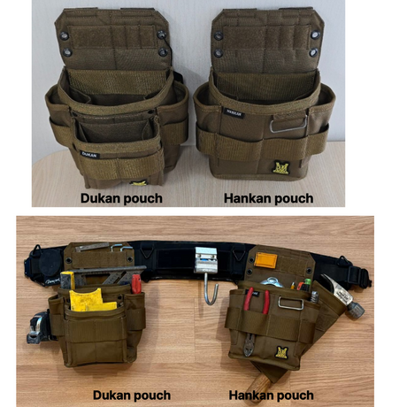 A close-up of the front-facing titanium wire on the HANKAN pouch, designed for hanging drills or other tools.