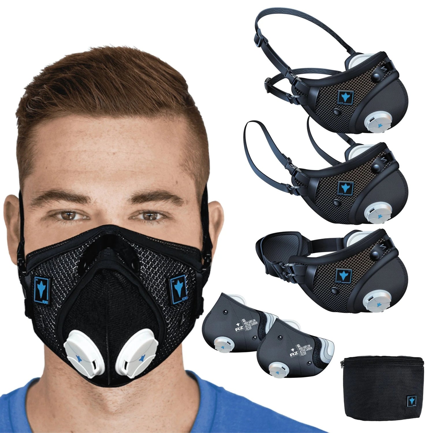 The complete RZ Mask RZM3 kit, including the washable mask, replaceable filter, and convenient storage belt bag.